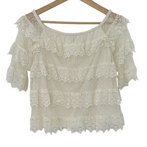 Express Lace Tiered Ruffle Off Shoulder Top Ivory Women's Size M